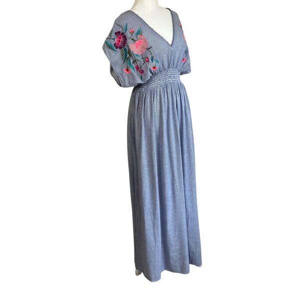 See And Be Seen Sz L Floral Embroidered Maxi Dress Striped Smocked Waist Beachy - Picture 6 of 16